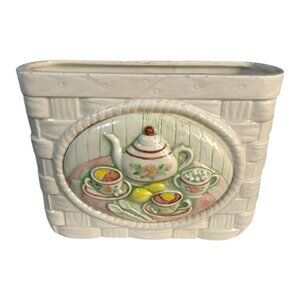 Vintage Cut Out Ceramic Tea Basket Planter Cottage Tea Party Motif 1960s